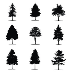 Set of 9 black silhouettes of trees isolated on white background.
