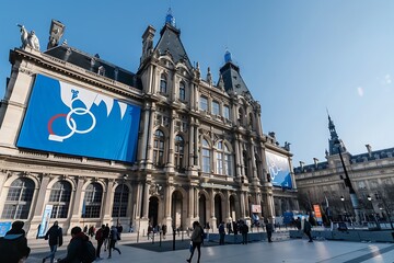 Obraz premium A view of the facade of two Parisian buildings in the center. The BHV store and the city hall Paris, France