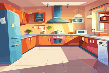 Modern kitchen interior illustration in cartoon style. Bright colors, empty room scene for game background. 