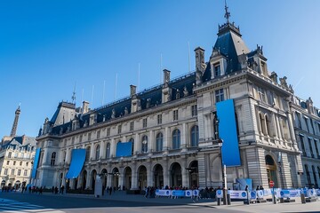 Fototapeta premium A view of the facade of two Parisian buildings in the center. The BHV store and the city hall Paris, France