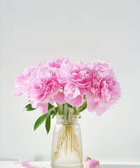 Obraz premium beautiful bunch of fresh fluffy pink peonies in full bloom against white background. Summery bouquet of blooming flowers