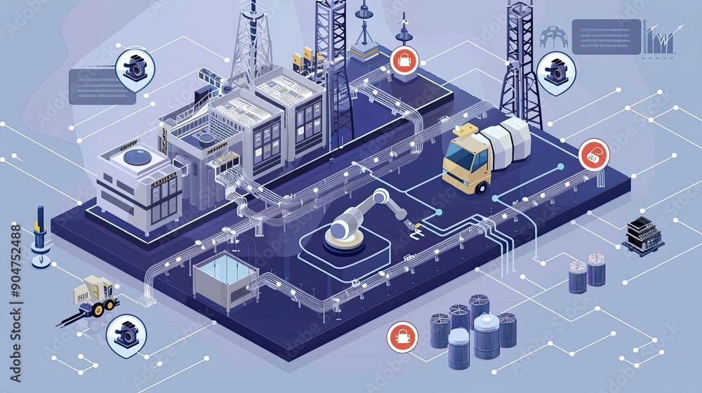 Poster automated factory with robotic arm and conveyors