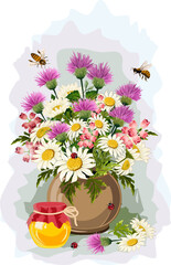 Vase with flowers and a jar of honey.Vector illustration with a jar of honey and meadow flowers in a vase.