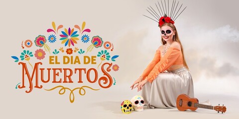 Young woman with painted skulls and guitar on light background. Banner for Mexico's Day of the Dead (El Dia de Muertos)