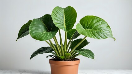 Lush green tropical houseplant in a white pot on a white table against a white backdrop.