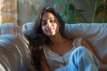 Fototapeta premium attractive Indian girl in casual clothes enjoying lazy weekend or vacation relaxing in cozy room of her home.