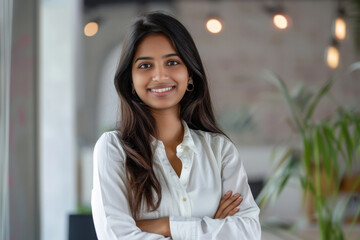 young businesswoman posing in office with folded hand