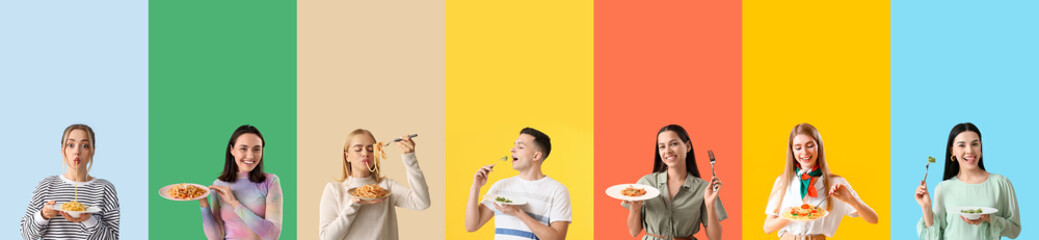 Set of many people with tasty pasta on color background