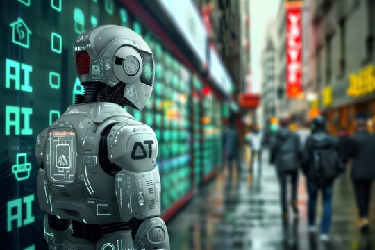 Humanoid robot navigating through a busy workshop, illustrating the practical applications of AI in industry.