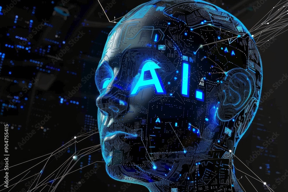Poster futuristic ai head with glowing neural network illustrates advanced machine learning capabilities.