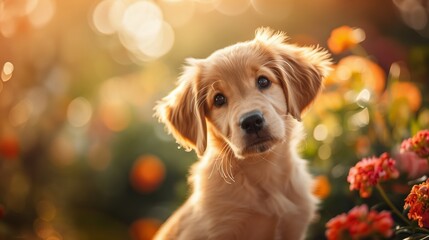 An adorable puppy posing in a sunlit garden, surrounded by colorful flowers and bathed in warm, golden light.