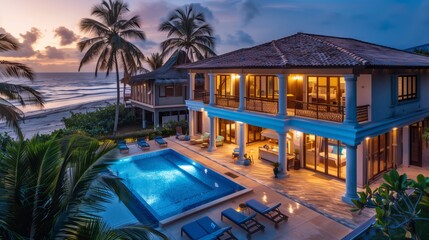 Elegant beachfront villa featuring a swimming pool, palm trees, and stunning ocean views, beautifully illuminated at sunset.