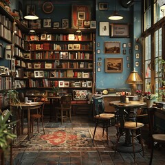 Craft a vibrant scene of a literary cafe through a wide-angle lens Showcase vintage decor, steaming beverages, and readers lost in their 
