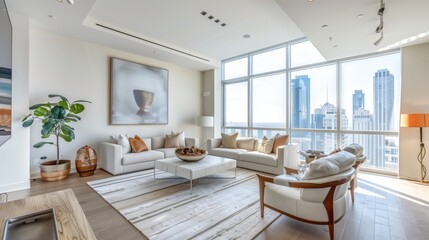 Bright and stylish modern living room with floor-to-ceiling windows offering a breathtaking city skyline view and elegant decor.