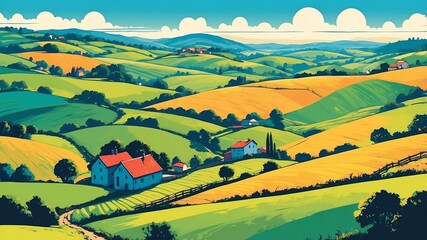 Fototapeta premium rural countryside with rolling hills modern pop art