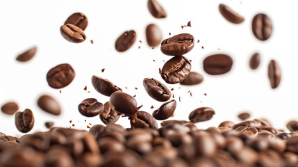 A concept for the coffee business. Coffee beans. Coffee splashes. Coffee plantations. A cup of coffee. Background with an image of a cup of coffee and coffee beans.