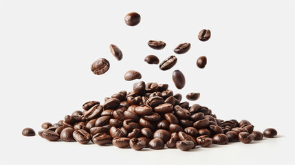 A concept for the coffee business. Coffee beans. Coffee splashes. Coffee plantations. A cup of coffee. Background with an image of a cup of coffee and coffee beans.