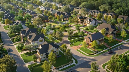 Aerial view of a charming suburban neighborhood with neatly arranged houses, lush greenery, and quiet streets on a sunny day.
