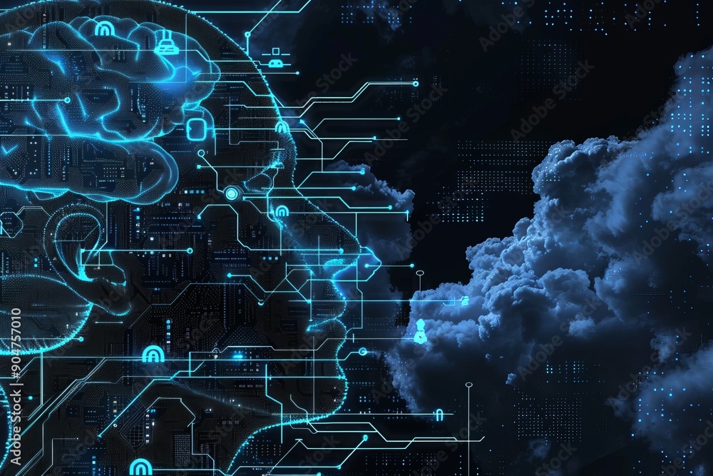 Poster ai concept art with flowing data and cloud infrastructure, visualizing the fluid nature of digital e