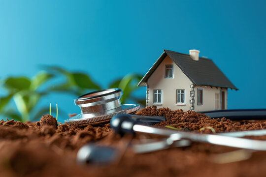 stethoscope in the ground for banner with a miniature house on the side