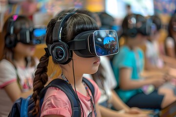 Obraz premium Children in the classroom wearing VR headsets, engaging with educational games and interactive displays on virtual reality devices. Ai generated