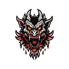 Design a vector illustration of a fearsome dragon head with sharp teeth and fiery eyes, dripping blood from its mouth.