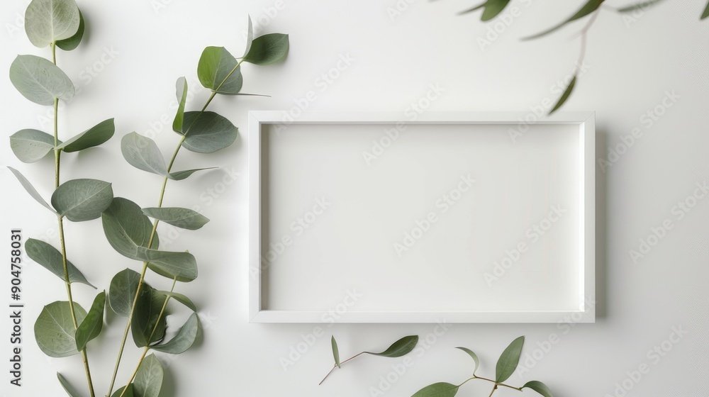 Sticker Eucalyptus leaves on white table with white frame mockup Text space available