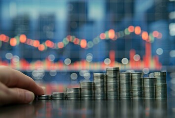 Stacking Coins with Financial Graph Background Economic Growth, Investment, Savings, Wealth Strategy
