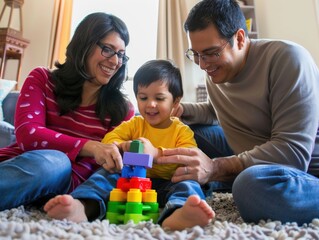 Fototapeta premium Young Family Playing with Colorful Building Blocks in Cozy Living Room Setting
