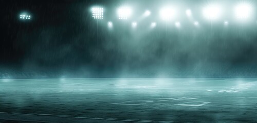 Obraz premium Illuminated Empty Stadium in Rain at Night