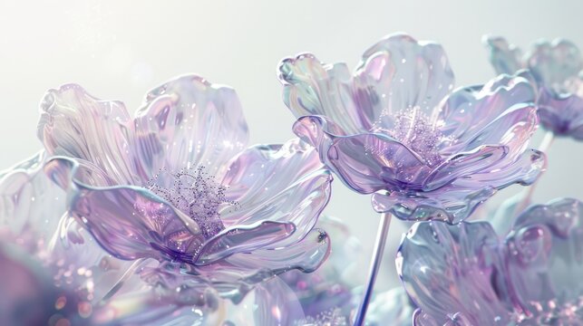 Purple glass flowers with transparent petals, summer floral nature ethereal art. Vibrant holographic background