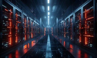Modern Data Technology Center Server Racks in Dark Room with VFX. Visualization Concept of Internet of Things, Data Flow, Digitalization of Internet Traffic. Complex Electric Equipment, Generative AI 