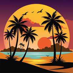 a  palm tree beach with sunset 