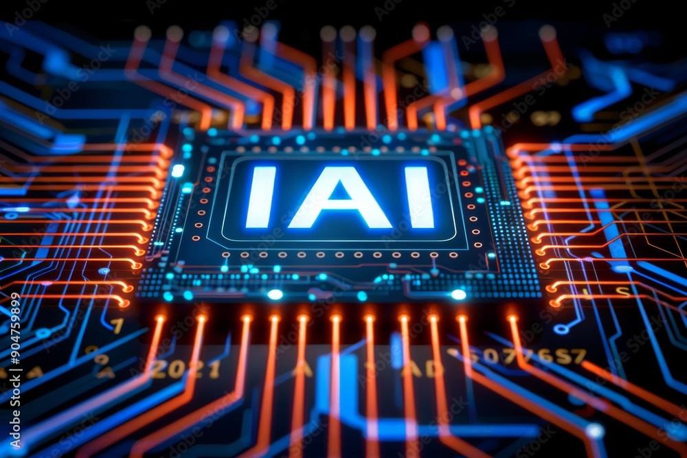 Poster high-tech ai chip embedded within vibrant circuitry, highlighting the power core of digital systems.