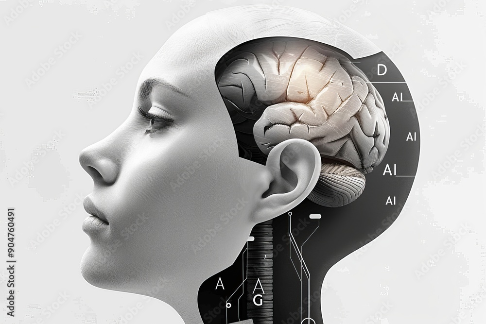 Poster futuristic ai human profile with neural network visualization, exploring cognitive enhancements.