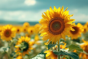 Obraz premium Sunflower field with mountain background