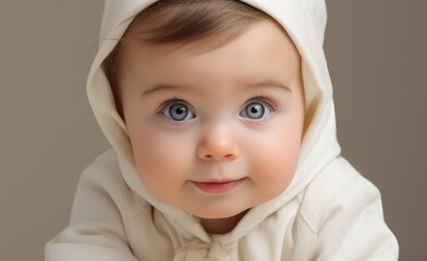 Adorable Baby with Blue Eyes in White Hoodie Gazing Curiously
