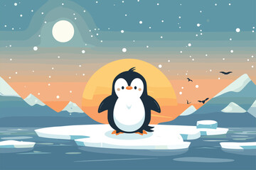 Naklejka premium cute penguin in a ice hill on rising sun winter Flat style cartoon vector illustration. Penguins at Sunset. Happy Penguin On An Ice Floe. 