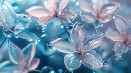 Blue and pink glass flowers with transparent petals and drops of water, summer floral nature ethereal art. Vibrant holographic background