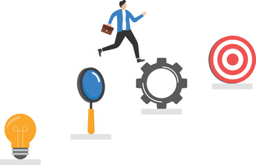 isometric vector illustration on a gray background, platforms with icons of a light bulb and a magnifying glass and gear and goal, man in a business suit breaks through a strategy and plan


