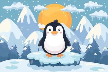 Obraz premium cute penguin in a ice hill on rising sun winter Flat style cartoon vector illustration. Penguins at Sunset. Happy Penguin On An Ice Floe. 