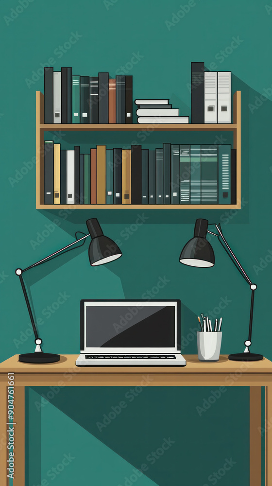 Poster a desk with a laptop and two lamps on it. the desk is surrounded by a bookshelf filled with books