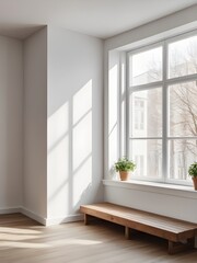 Fototapeta premium A white empty living room background with sunlight streaming from window