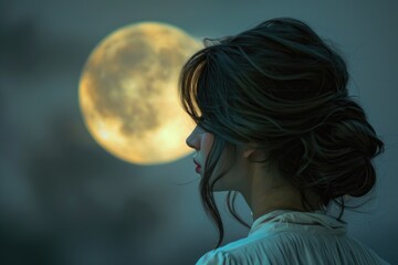 Woman standing in field with full moon