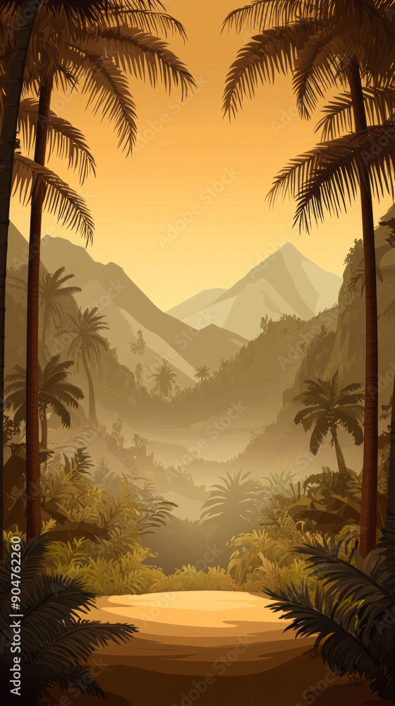 Poster a beautiful landscape with a mountain range in the background and palm trees in the foreground. the 