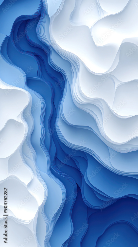Poster the image is a blue and white abstract piece that depicts a river. the blue and white colors create 