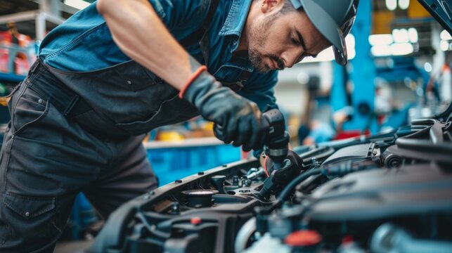 mechanic with protective mask welding car parts