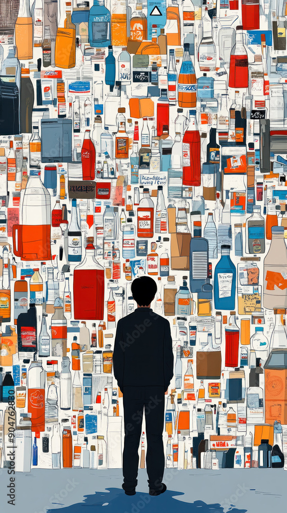 Poster a man stands in front of a wall of bottles, looking up at them. the image is a collage of various bo