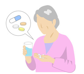 薬を飲む高齢者女性のフラットなイラスト