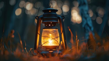 9. Camping Lantern, realistic style, muted tones, metallic pattern, eye level, soft light, bokeh,